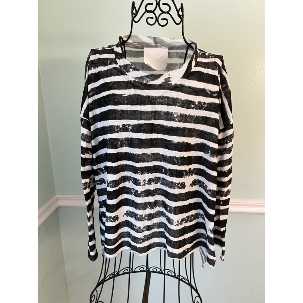 Blanque Womens Black Striped Oversized‎ Long Sleeve Pull Over Guazy Shirt Sz 1